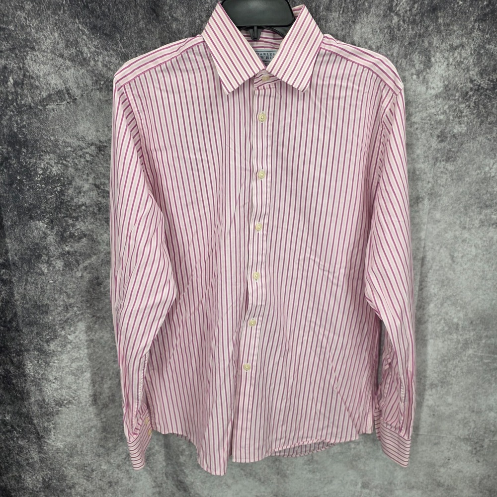 Charles Tyrwhitt Dress Shirt Men 16 / 35 Pink Stripe Button Slim Fit Long Sleeve